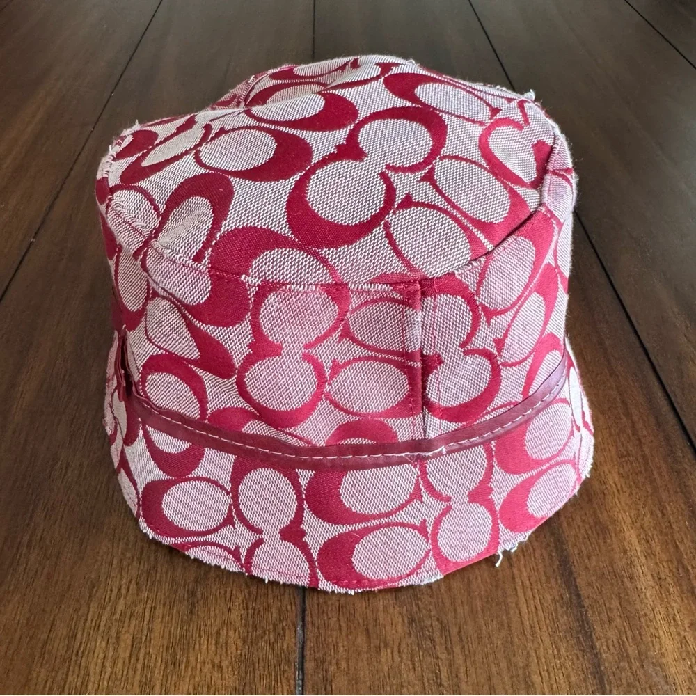 Vintage Y2K Coach Signature Red Monogram Bucket Hat‎ Distressed Trim Bow Accent